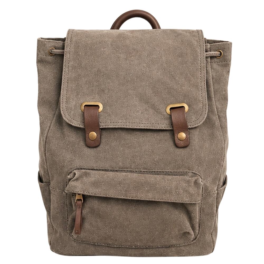 Everlane Taupe Drawstring Canvas Backpack, Brown Trim Utility Travel Bag